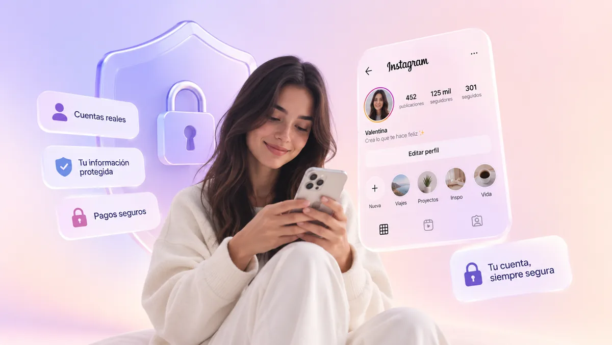 Una persona sentada mirando su celular, junto a un candado cerrado y su perfil de Instagram, con etiquetas de cuentas reales e información protegida