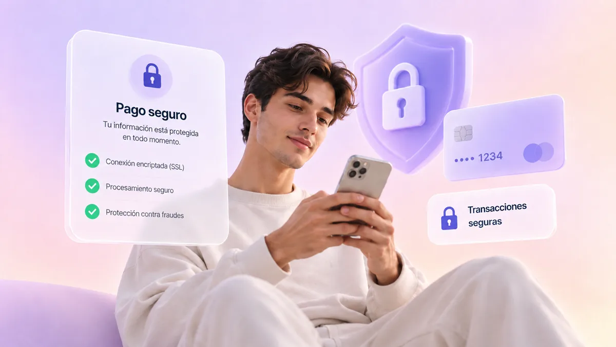 Una persona con su celular junto a una tarjeta bancaria y un escudo con candado, y un panel que enumera conexión encriptada, procesamiento seguro y protección contra fraudes