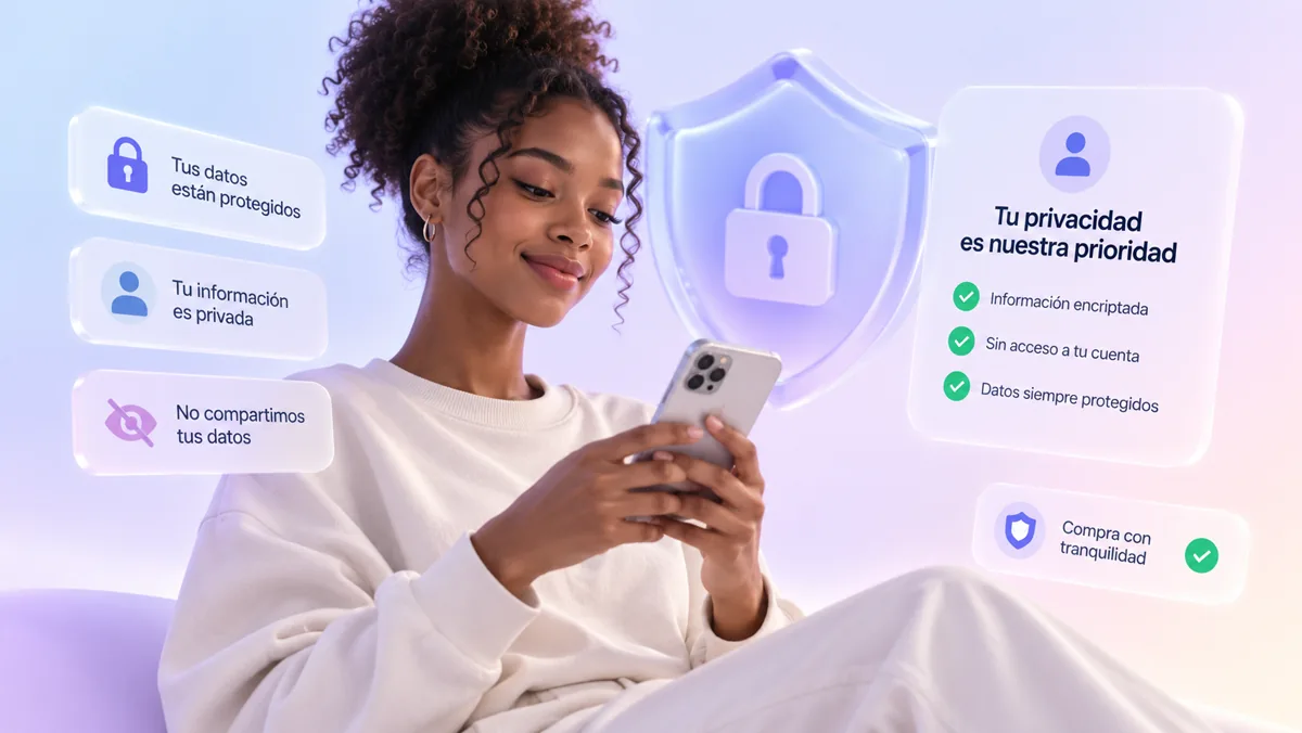 Una persona con su celular junto a un escudo con candado y etiquetas que dicen tus datos están protegidos, tu información es privada y no compartimos tus datos