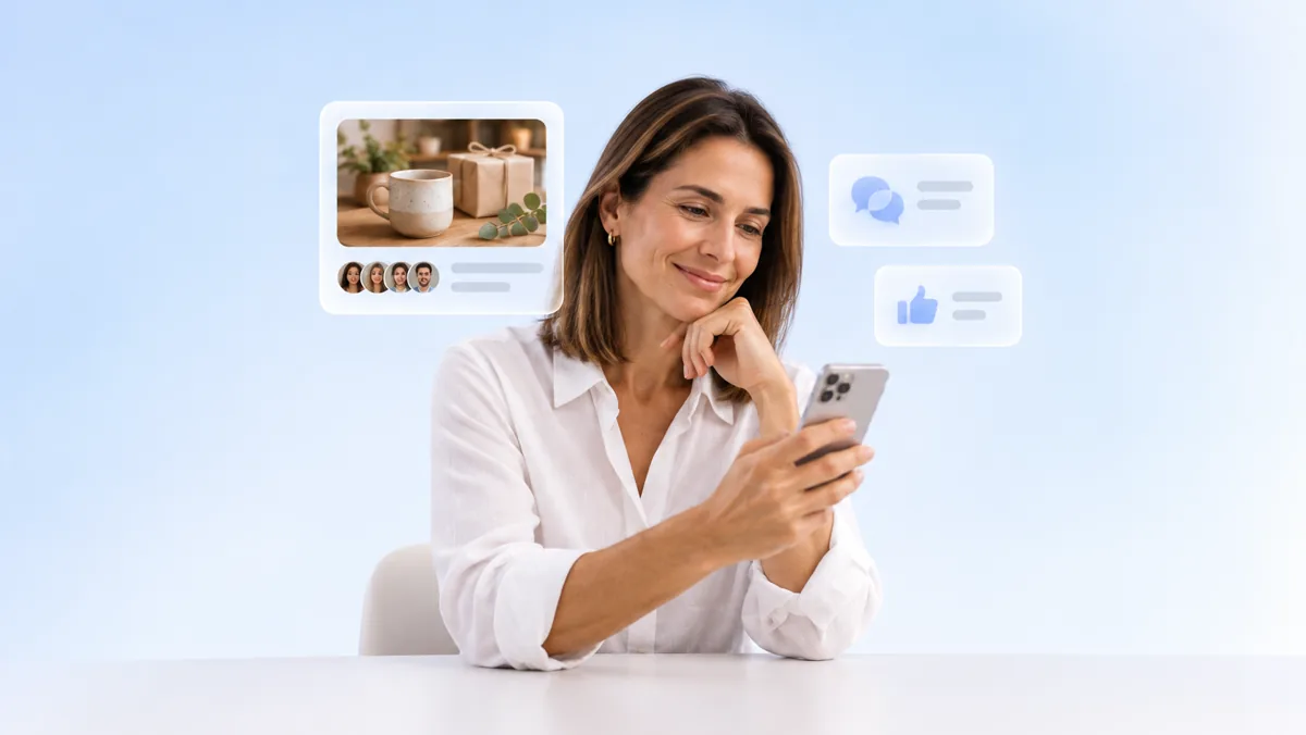 Una mujer mira su celular con una sonrisa junto a tarjetas flotantes con una publicación de producto, un grupo de avatares y los íconos de comentario y me gusta