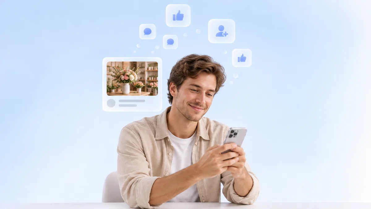 Un hombre sonríe mirando su celular mientras sobre una publicación flotante de una floristería suben burbujas con los íconos de me gusta, comentario y seguir