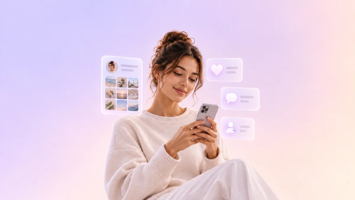 Una mujer sonríe mirando su celular, rodeada de tarjetas flotantes con un perfil de fotos y los íconos de me gusta, comentario y seguir