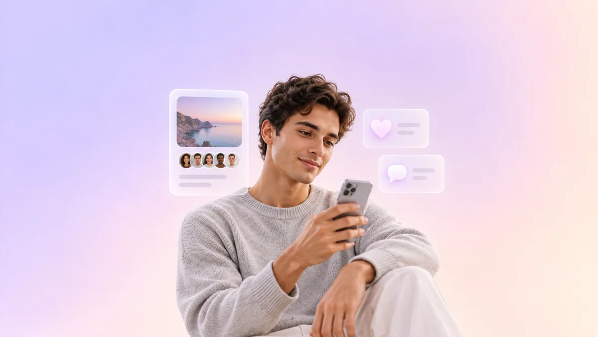 Un hombre mira su celular junto a tarjetas flotantes con una publicación, un grupo de avatares y los íconos de me gusta y comentario