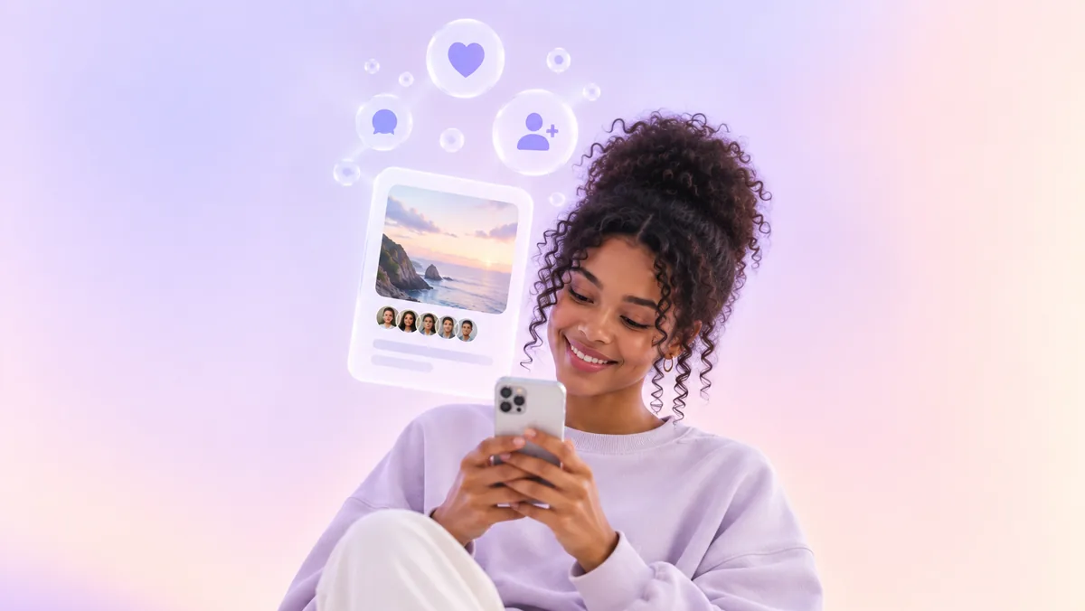 Una mujer sonríe mirando su celular mientras sobre una publicación flotante se abren burbujas con los íconos de me gusta, comentario y seguir