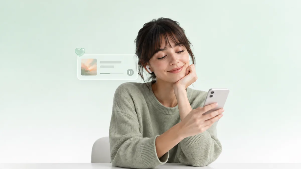 Una mujer con auriculares sonríe con los ojos cerrados mirando su celular junto a una tarjeta flotante de una canción con un corazón