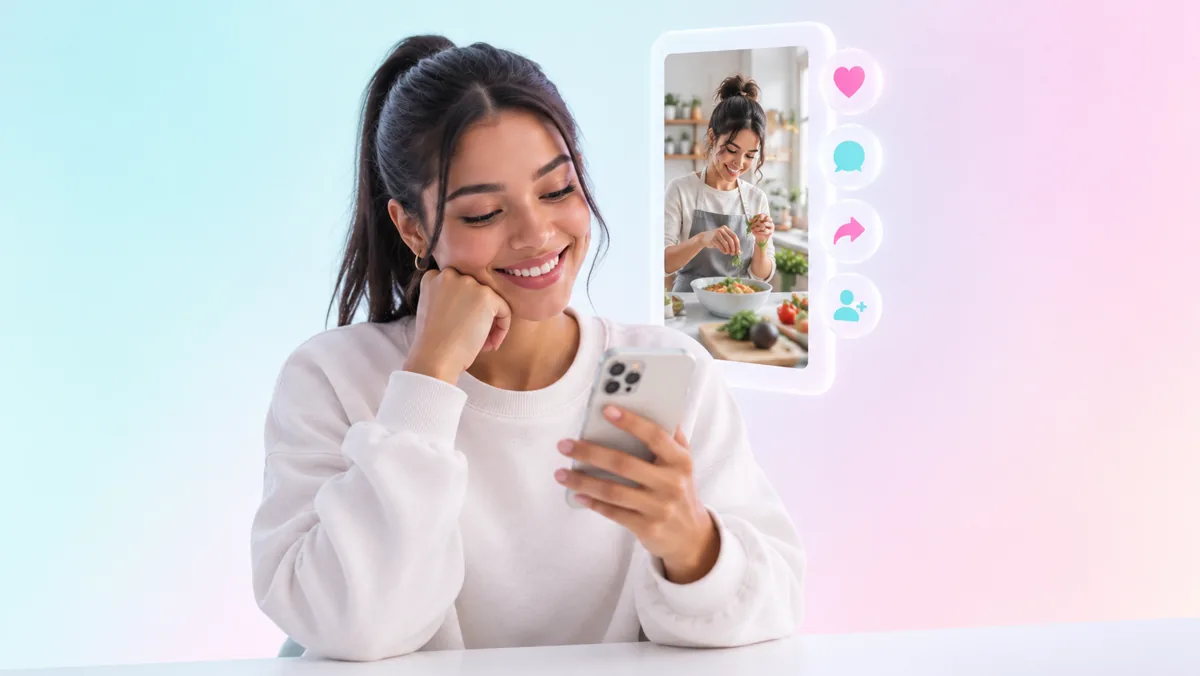 Una mujer sonríe mirando su celular junto a un video vertical flotante de una persona cocinando, con los íconos de me gusta, comentario, compartir y seguir a un costado