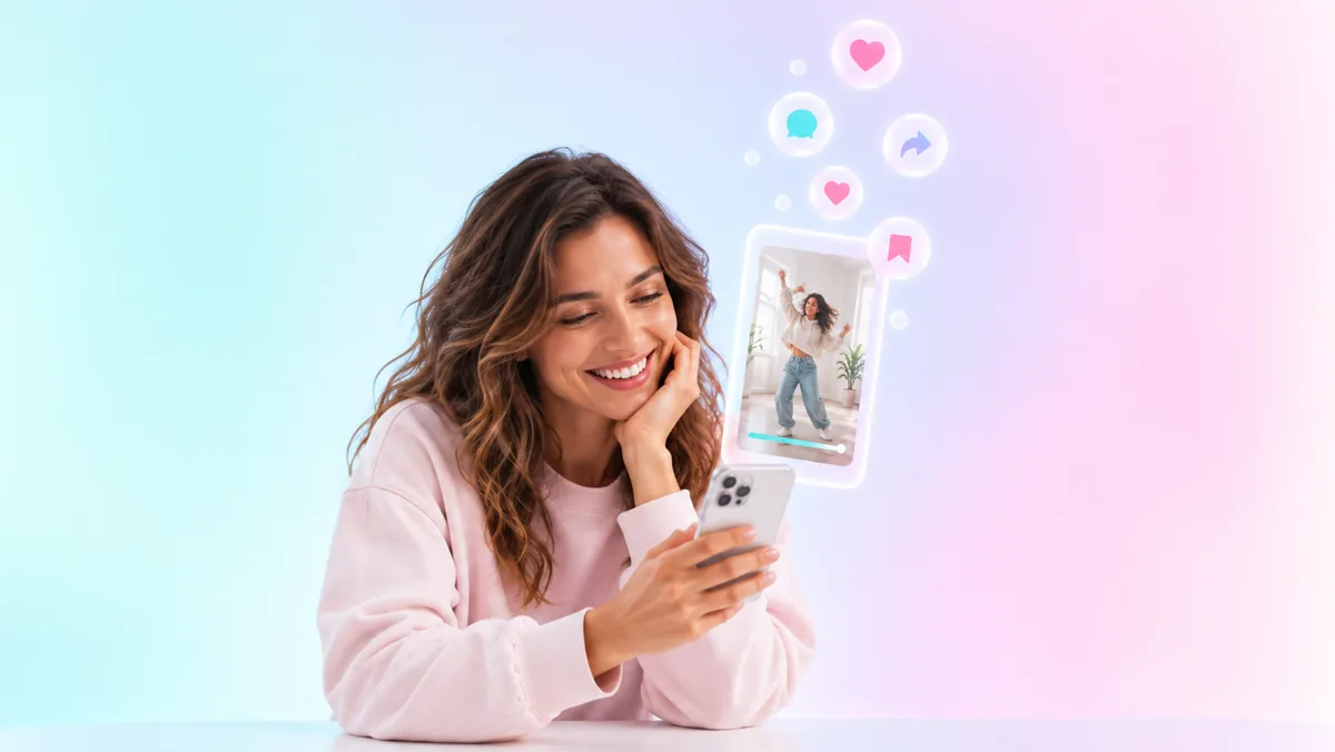 Una mujer ríe mirando su celular mientras sobre un video vertical flotante de una persona bailando suben burbujas con los íconos de me gusta, comentario, compartir y guardar