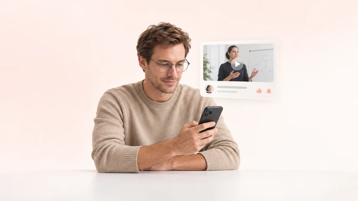 Un hombre con lentes mira su celular junto a un video flotante de una persona explicando frente a una pizarra, con los íconos de me gusta y campana