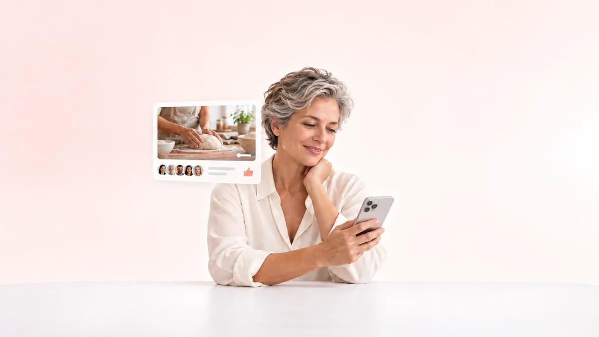 Una mujer de cabello canoso sonríe mirando su celular junto a un video flotante de manos amasando pan, con la barra de reproducción casi completa, un grupo de avatares y el ícono de me gusta
