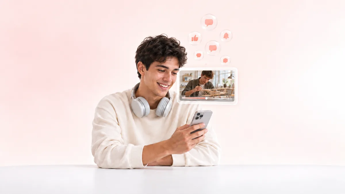 Un joven con audífonos sonríe mirando su celular mientras sobre un video flotante de una persona armando una maqueta suben burbujas con los íconos de comentario, me gusta y campana